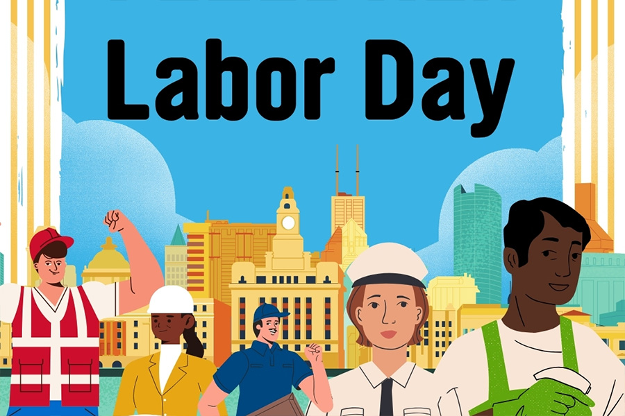 infographic of workers in front of cityscape