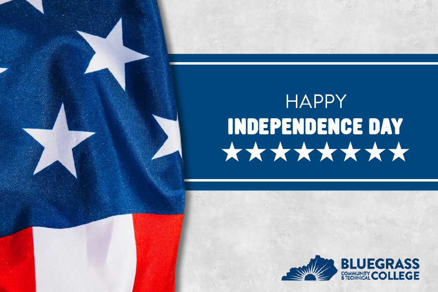 American Flag half covering gray background with "Happy Independence Day" banner